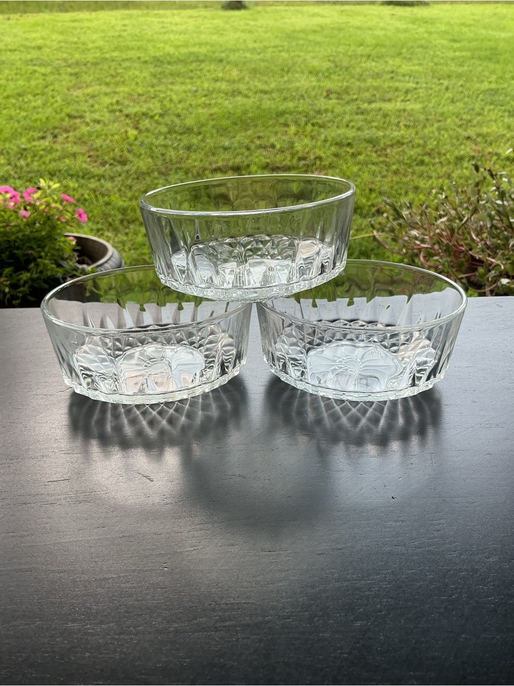 💟Vintage Arcoroc France Diamant Sunburst 5” Glass Bowls Set of 3 Dessert Salad